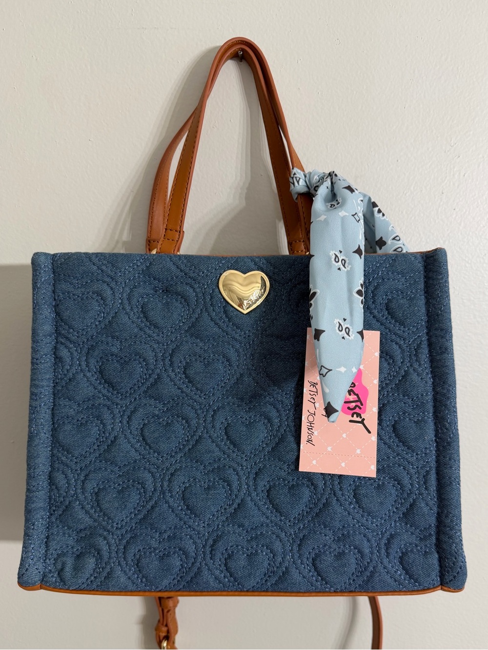 Betsey Johnson "XOKARTA" Quilted Heart Denim Tote Bag